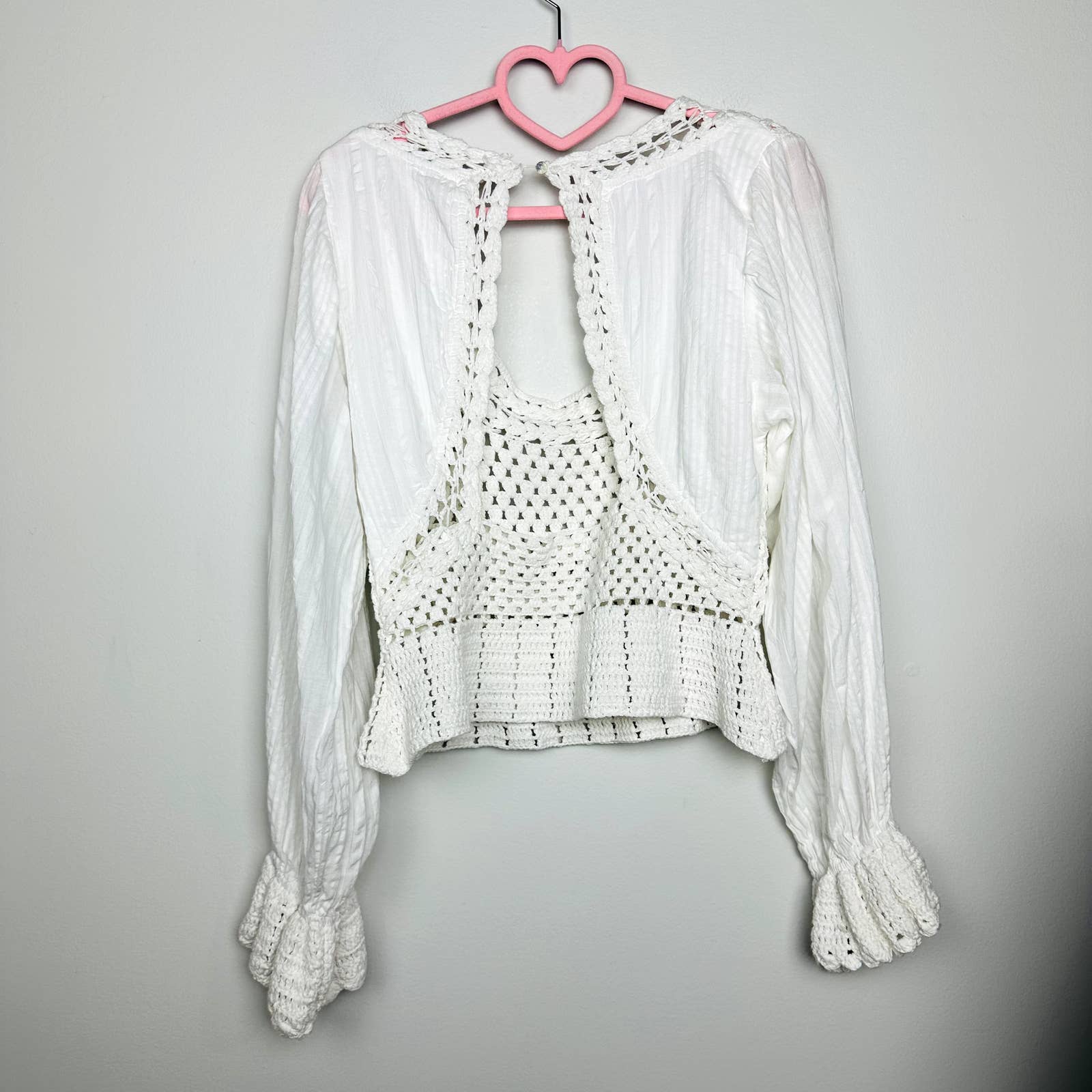 Free People NWT Megan Crochet Open Back Long Sleeve Eyelet Crop Top Ivory Sz XS