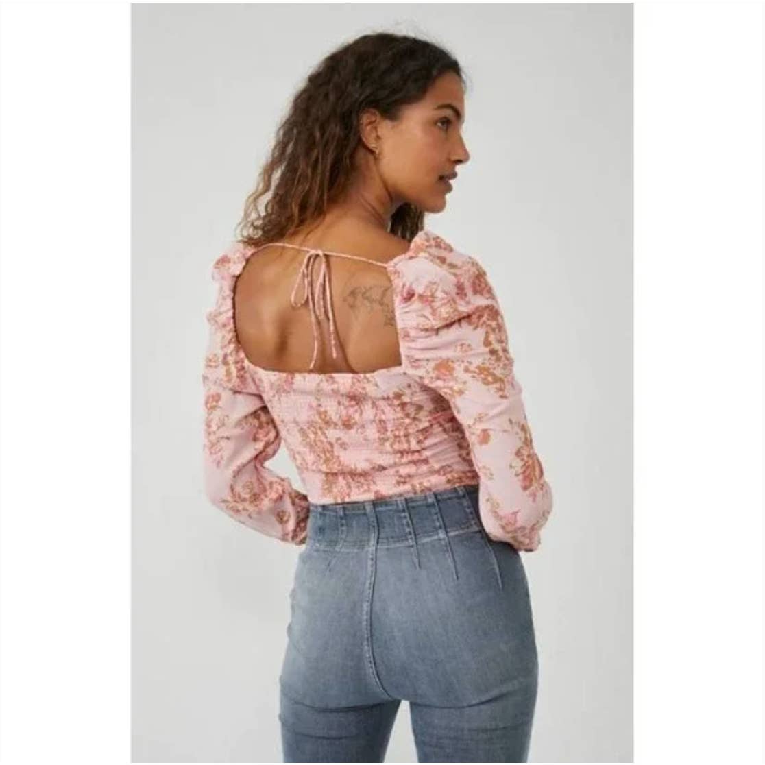 Free People NWT Floral Hilary Puff Sleeve Square Neck Top Pink Small OB1569574