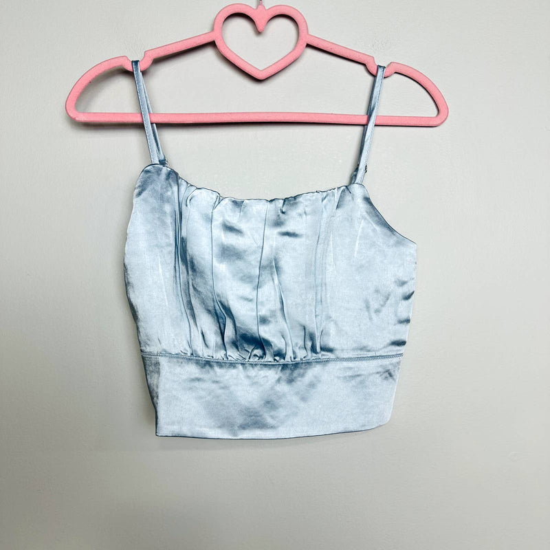 Lulus NWT Luxe'd Out Satin Silk Scoop Neck Cropped Tank Top Light Blue Size XS
