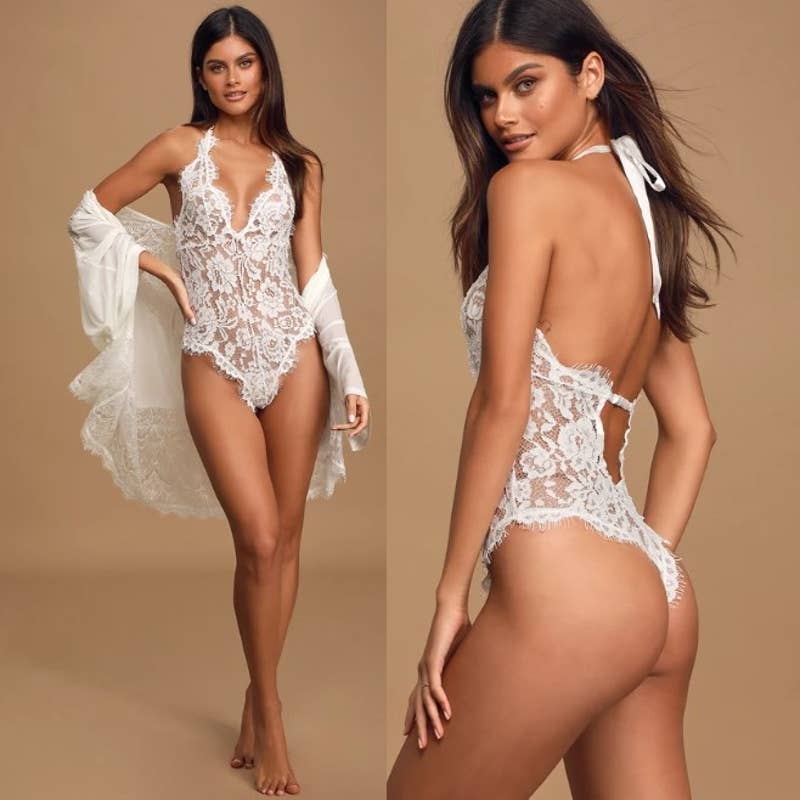 Lulus NWT Unforgettable Romance Sheer Lace Halter Thong Bodysuit White