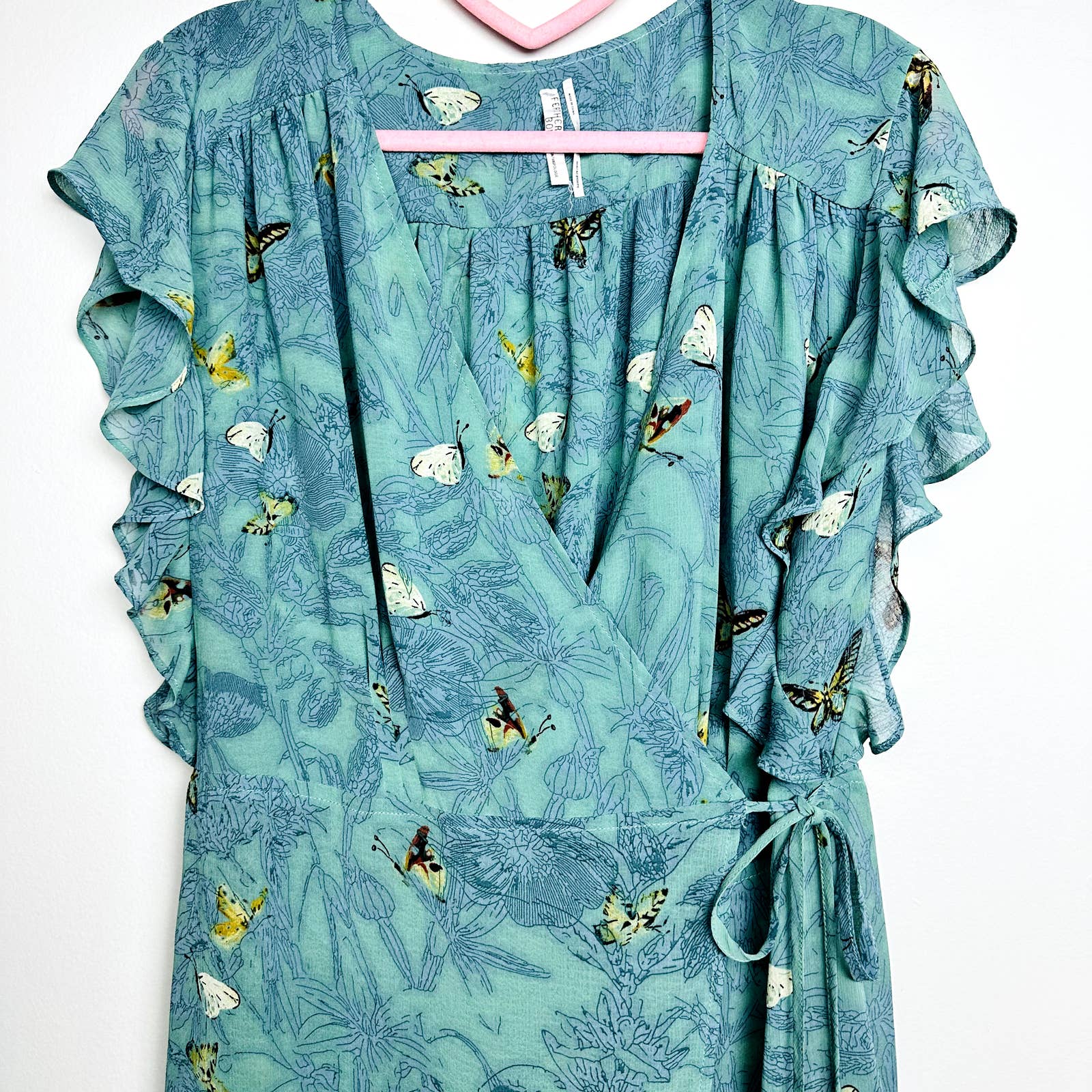 Anthropologie Feather Bone Floral Butterfly Ruffles Wrap Dress Green Large
