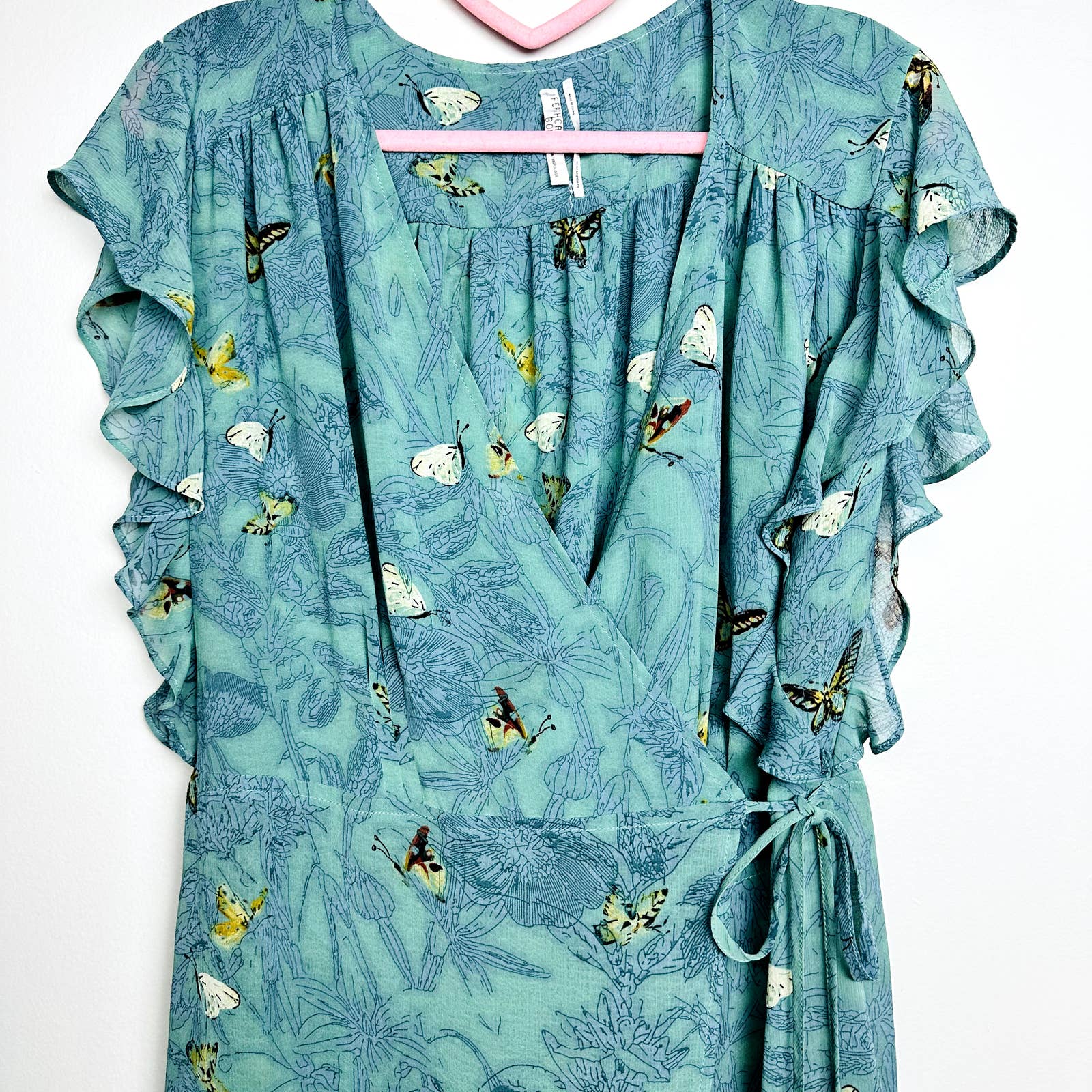 Anthropologie Feather Bone Floral Butterfly Ruffles Wrap Dress Green Large
