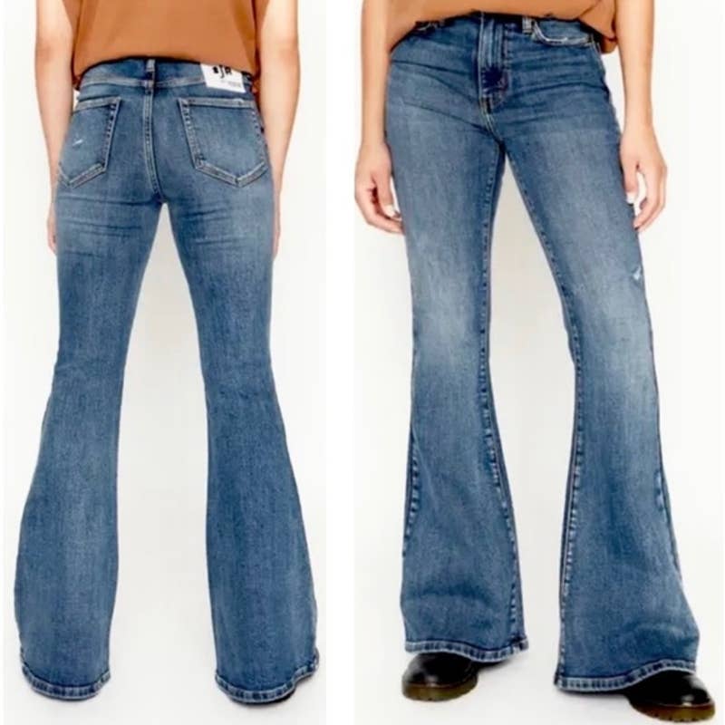 Free People X Sandrine Rose NWT Super Flare Bootcut Distressed Jeans Blue Sz 28