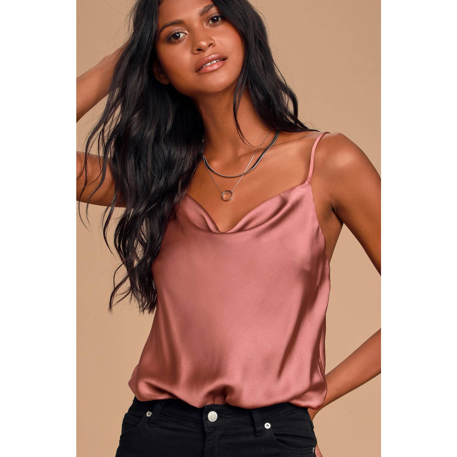 Lulus NWT Emmerson Satin Sleeveless Cowl Neck Cami Tank Bodysuit Mauve