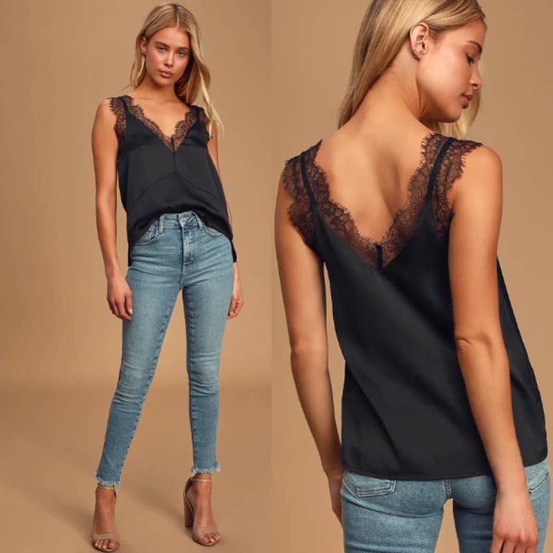Lulus NWT Forever Flirty Lace V-Neck Sleeveless Satin Cami Top Black