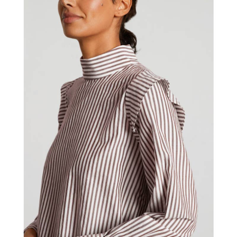 Everlane NWOT Wing Shoulder Mockneck Stripes Long Sleeve Top Pecan White Size 4