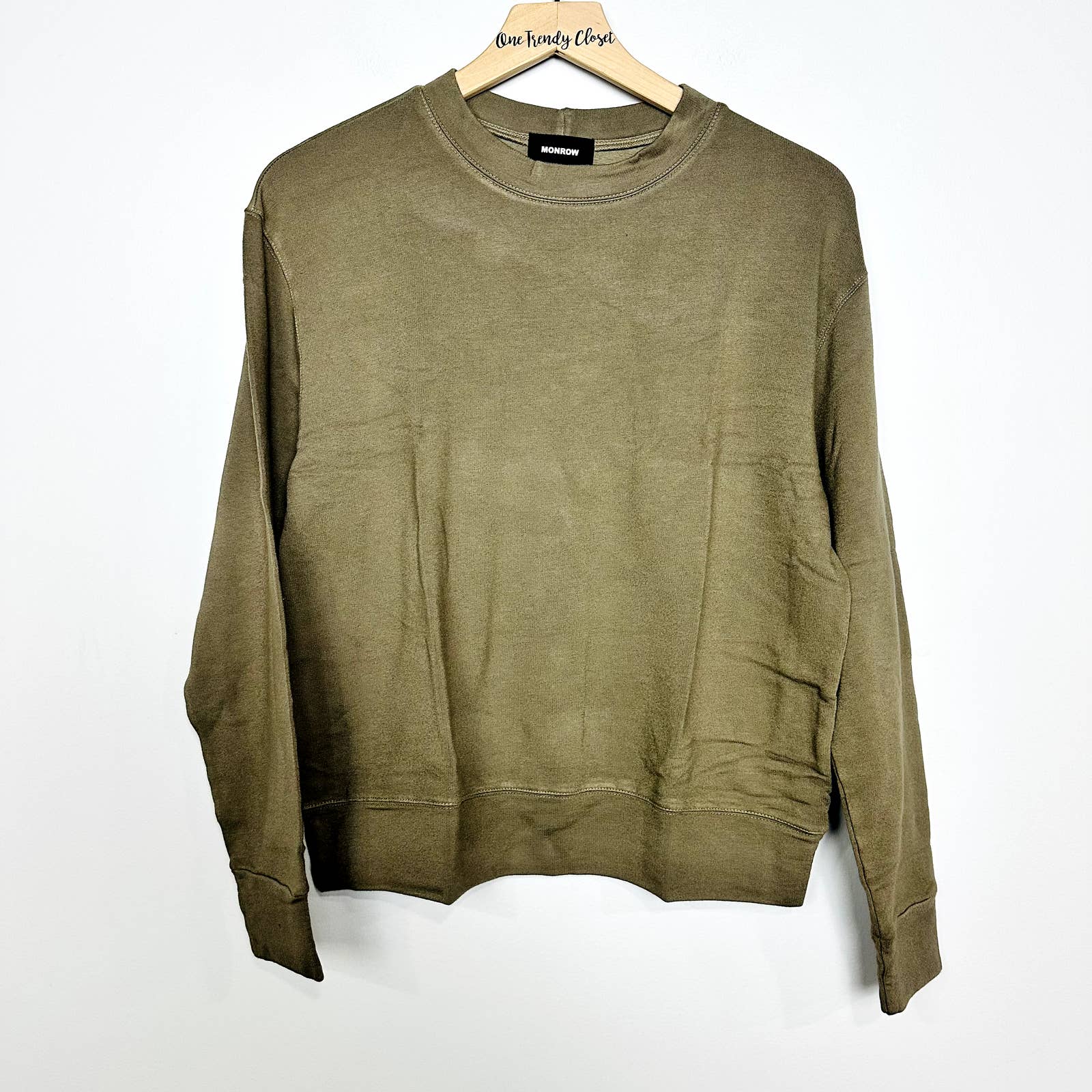 Monrow NWT Supersoft Fleece Boyfriend Pullover Sweatshirt Dusty Olive Size Small