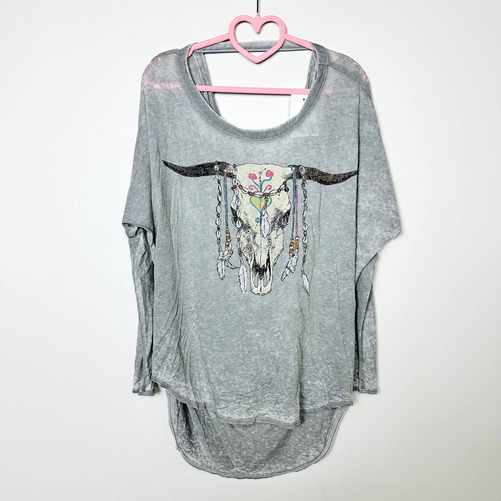 Chaser Tribal Cow Skull Open Back Jewel Boho Open Draped Back Top Gray Sz Medium