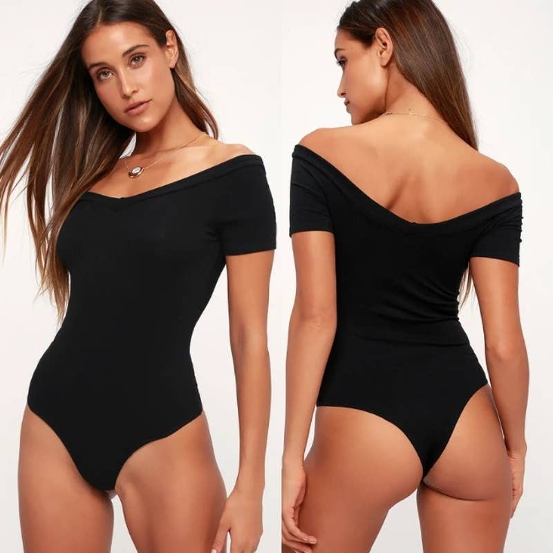 Lulus NWT Sandpiper Black Ribbed Off-the-Shoulder Bodysuit Short Sleeve