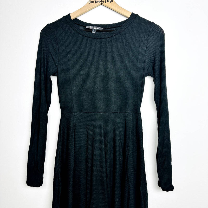 Lulus NWT Fit & Fair Ribbed Knit Long Sleeve Skater Mini Dress Black