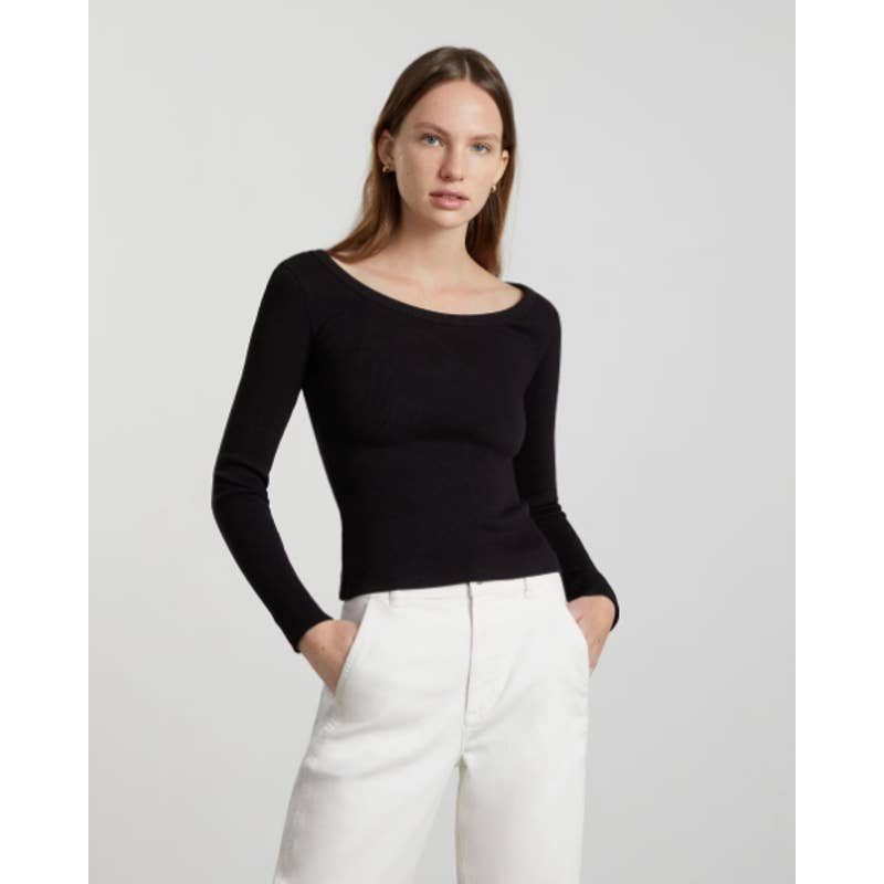 Everlane NWOT The Long-Sleeve Ribbed Scoop Neck Cropped Tee Shirt Black Medium