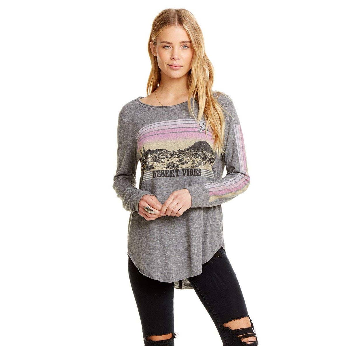 Chaser NWOT Desert Vibes Crew Neck Long Sleeve Shirttail Top Gray Size Medium