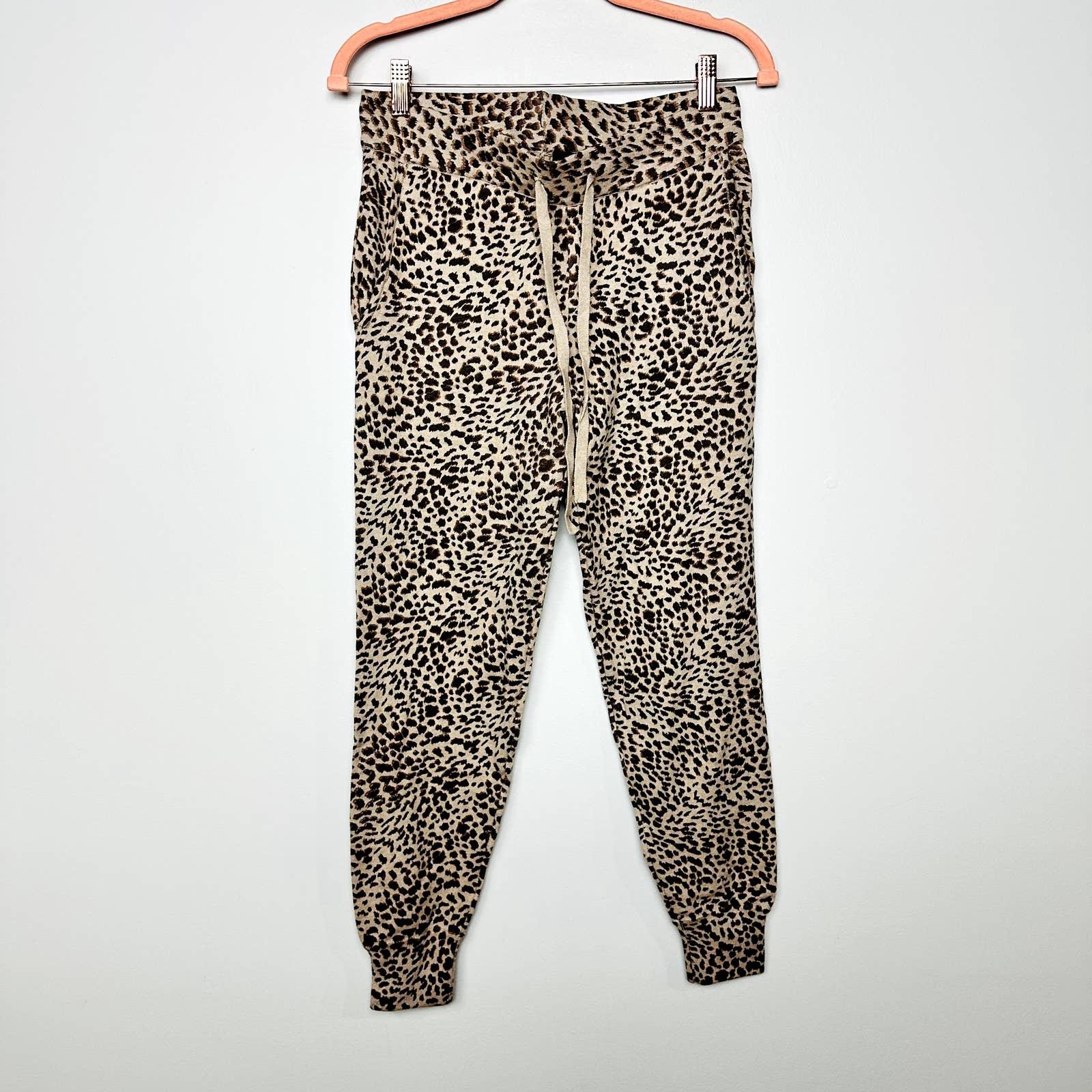 Monrow NWT Mini Leopard Sporty Drawstring Pull-On Jogger Sweatpants Brown Sz XS