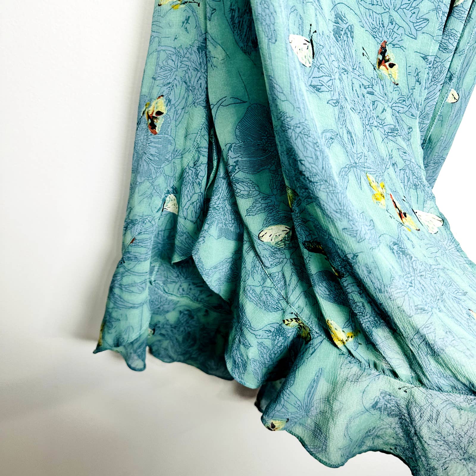 Anthropologie Feather Bone Floral Butterfly Ruffles Wrap Dress Green Large