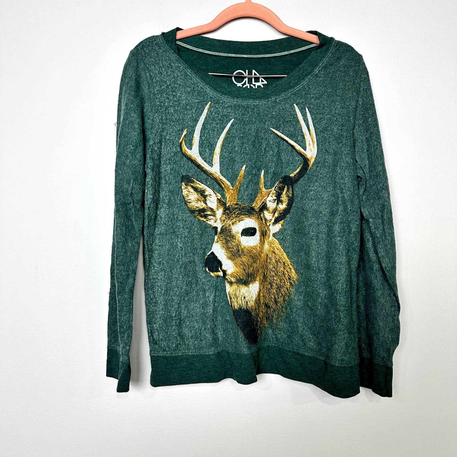 Chaser NWOT Deer Crewneck Long Sleeve Pullover Sweatshirt Heather Green Medium