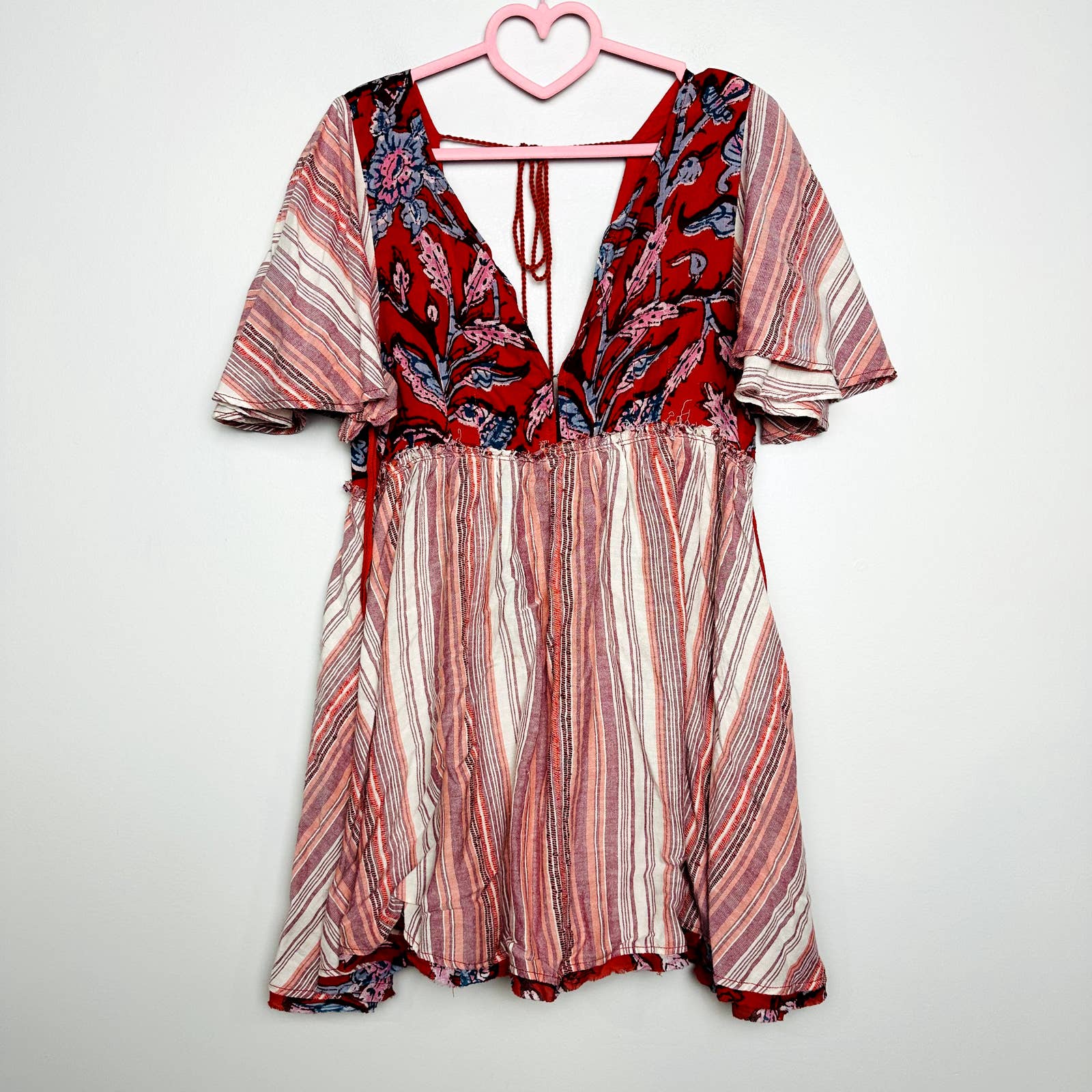 Free People NWT Under The Sun Tunic Dress Peasant Boho Mini Dress Red Rome Small