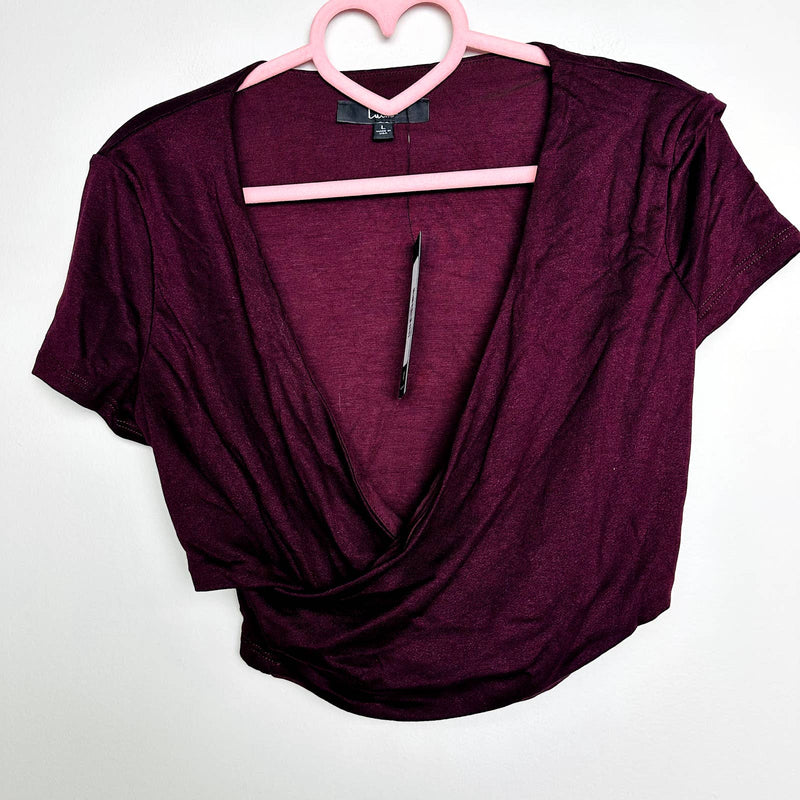 Lulus NWT By Your Side Wrap Cross Front Short Sleeve Cropped Top Wine Size Large