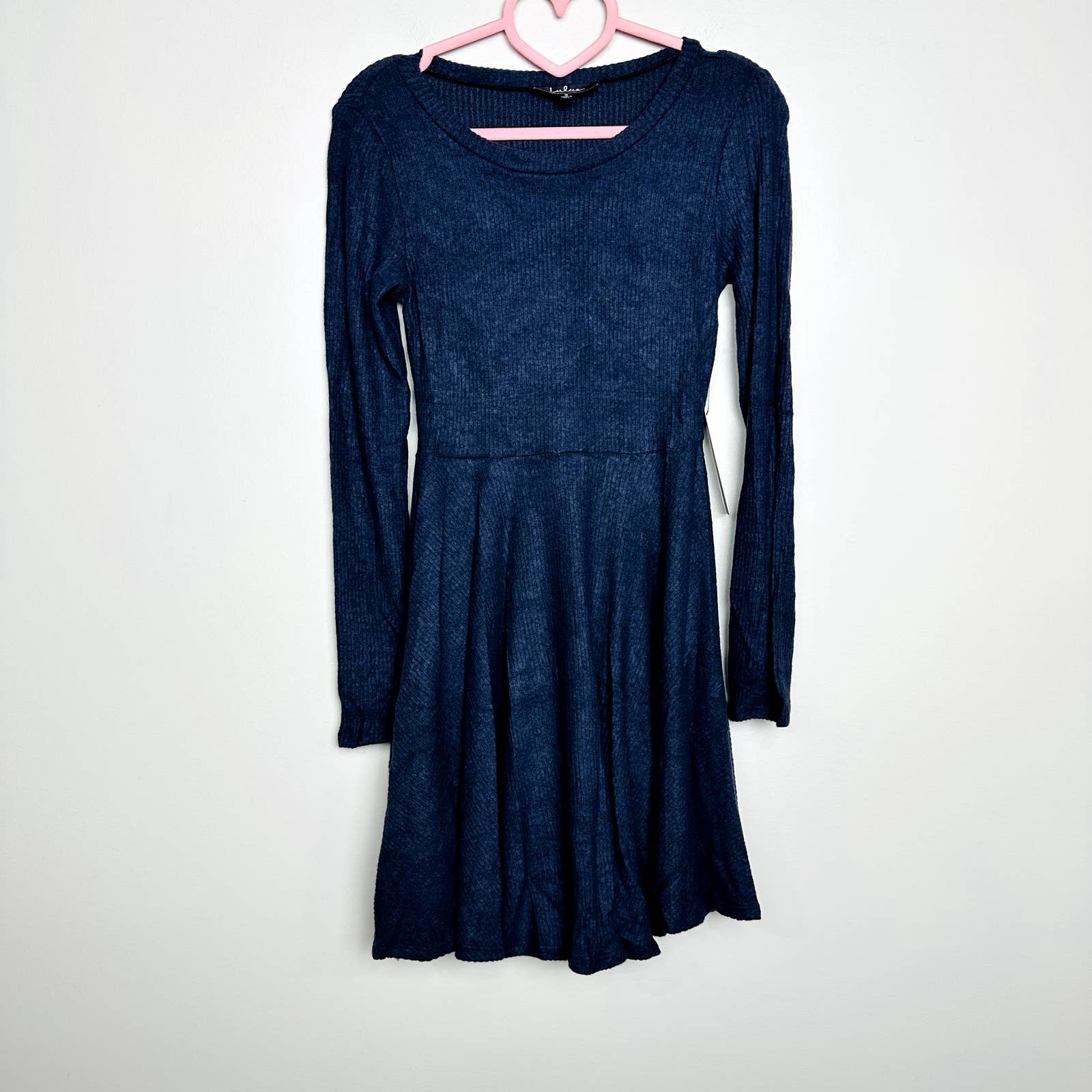 Lulus NWT Fit and Fair Ribbed Knit Long Sleeve Skater Dress Navy Blue Size Small