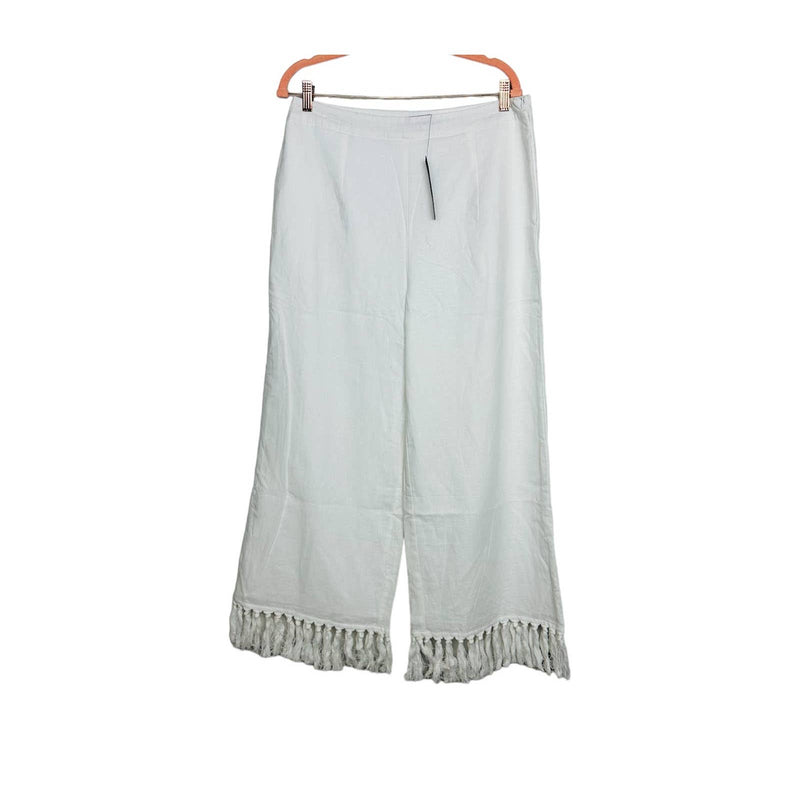 Lulus NWT Flat Fron High Waist Blissfully Boho Tasseled Wide-Leg Pants Ivory