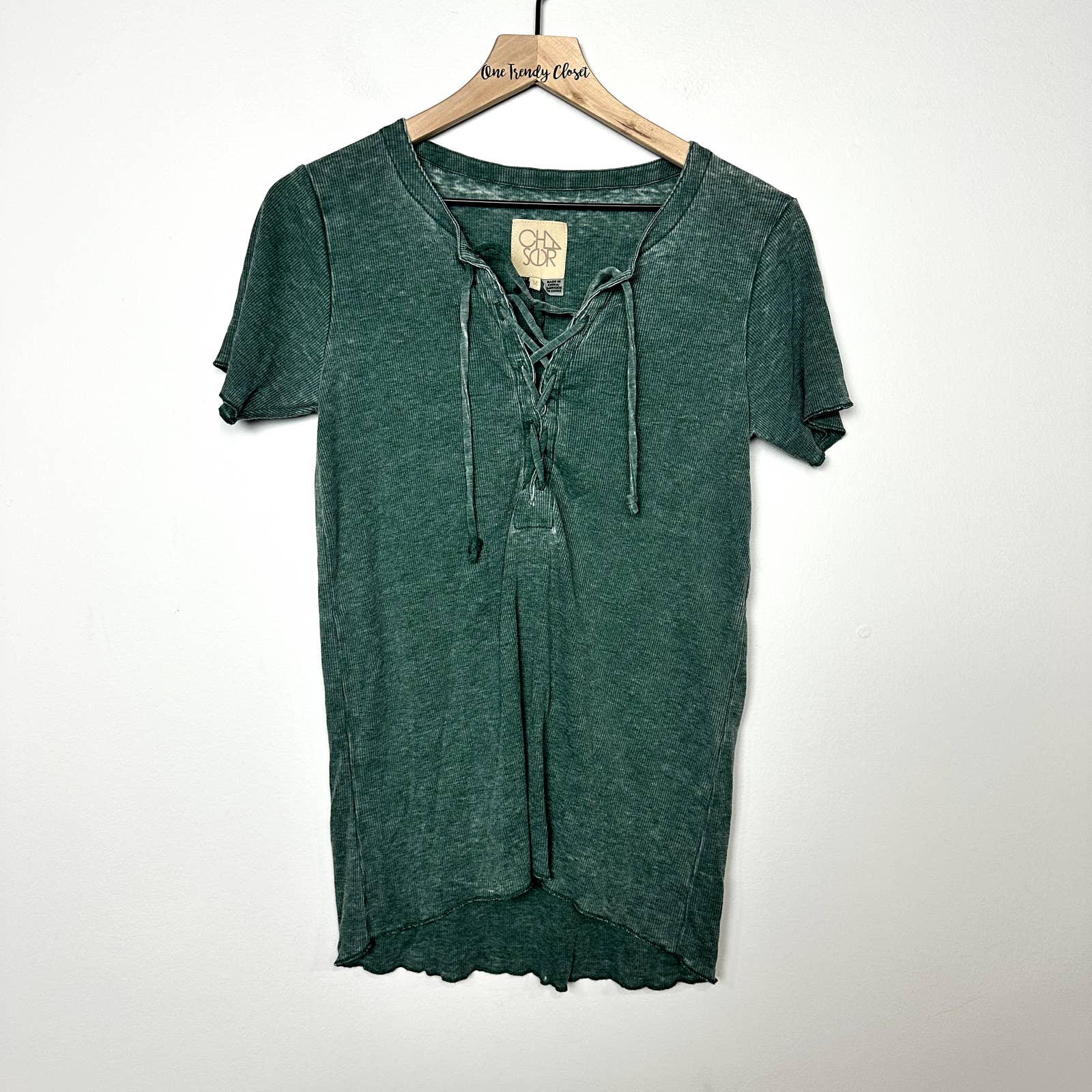 Chaser Revolve NWT Short Sleeve Lace Up Hi Lo Ribbed Knit Casual Top Tent Green