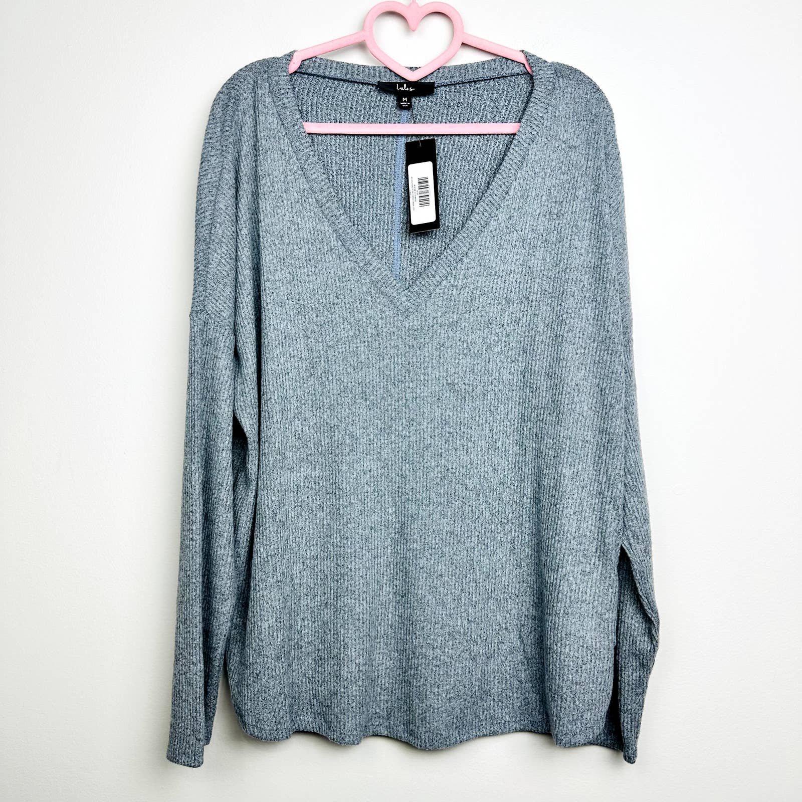 Lulus NWT Just Vibing Ribbed V-Neck Oversized Pullover Sweater Denim Blue