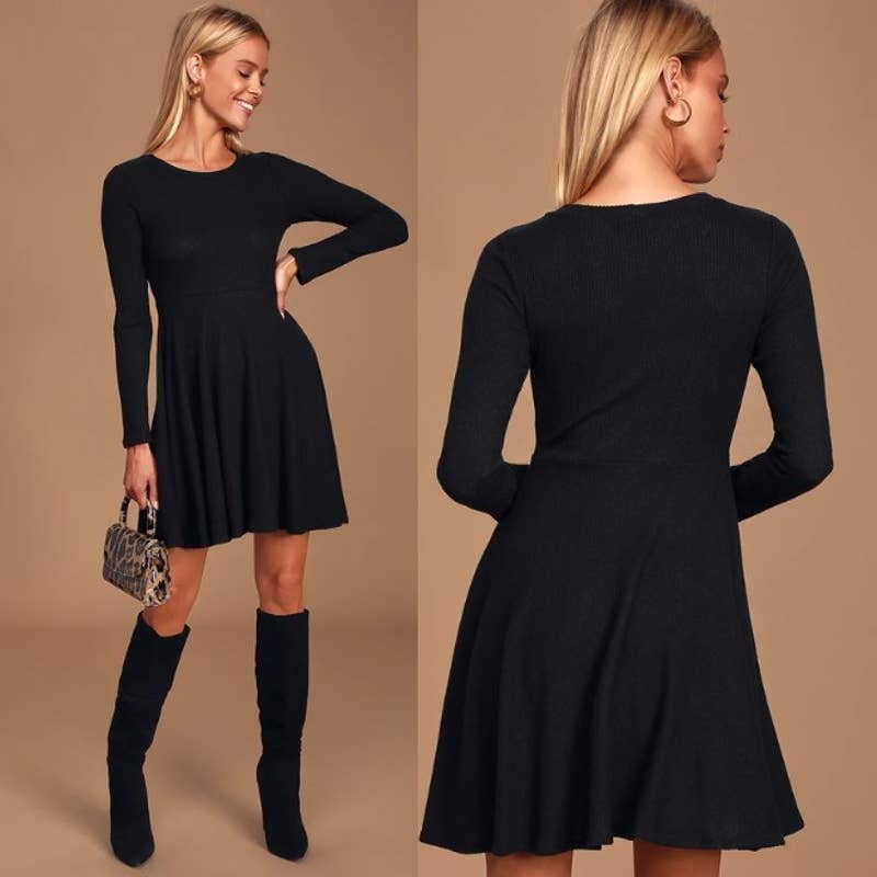 Lulus NWT Fit & Fair Ribbed Knit Long Sleeve Skater Mini Dress Black