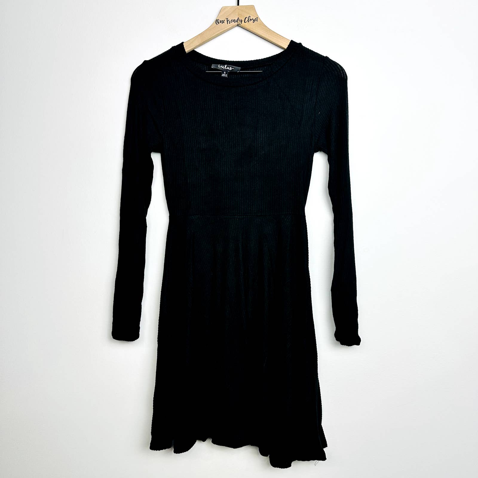 Lulus NWT Fit & Fair Ribbed Knit Long Sleeve Skater Mini Dress Black