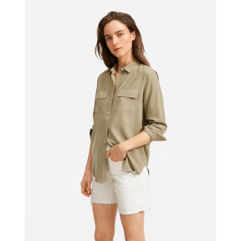 Everlane NWT The Washable Silk Relaxed Button Down Tunic Shirt Green Plus Sz 16