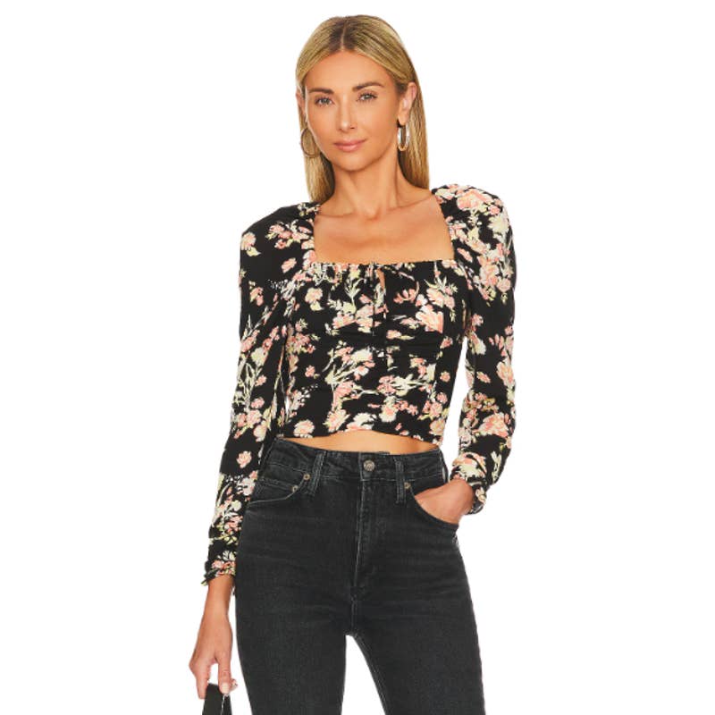 Free People NWT Hilary Floral Print Puff Sleeves Cropped Top Black Combo Medium