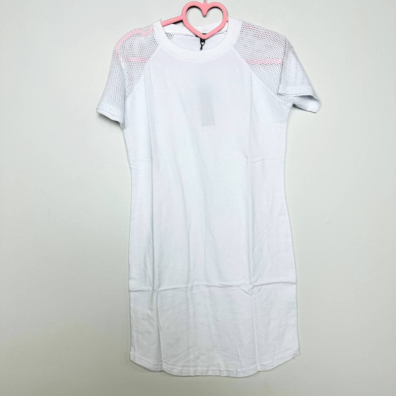 Monrow NWT Mesh Mix Short Sleeve Crew Neck Shirt Dress White Size Small HD0364