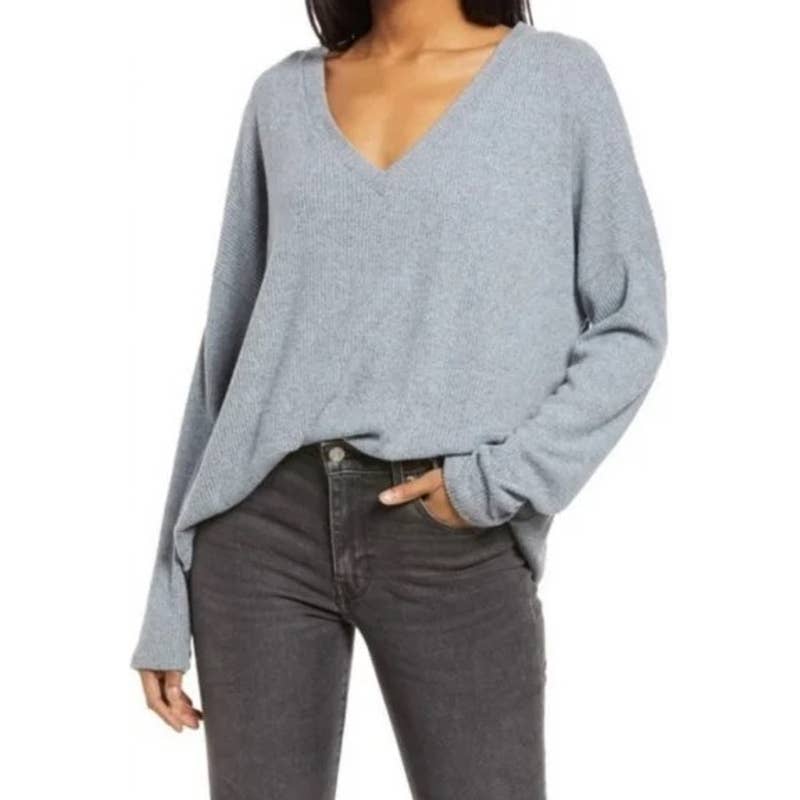 Lulus NWT Just Vibing Ribbed V-Neck Oversized Pullover Sweater Denim Blue