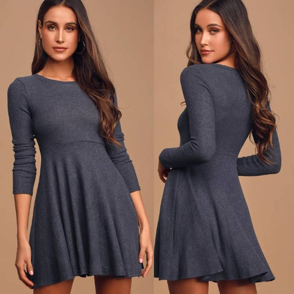 Lulus NWT Fit and Fair Ribbed Knit Long Sleeve Skater Dress Navy Blue Size Small