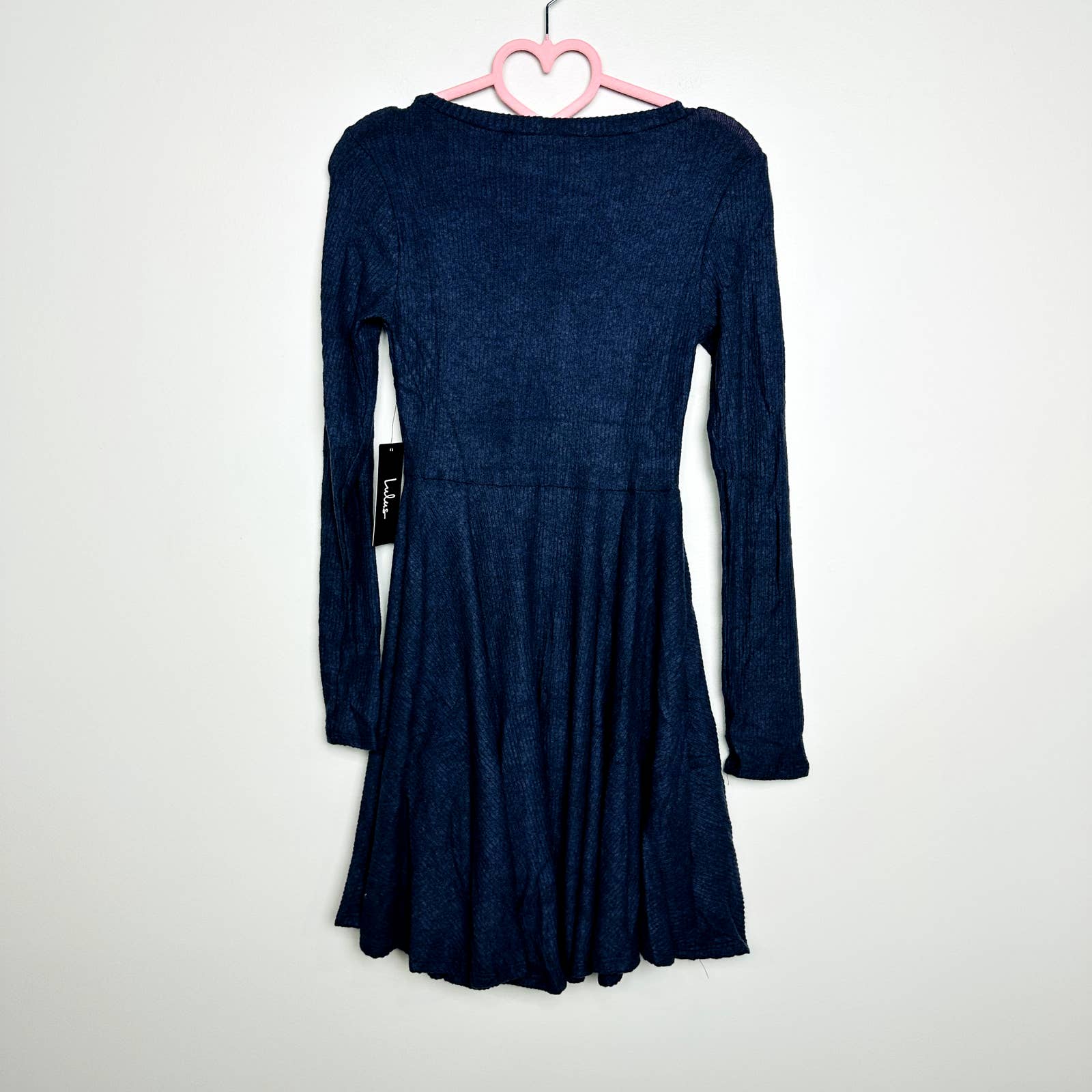 Lulus NWT Fit and Fair Ribbed Knit Long Sleeve Skater Dress Navy Blue Size Small