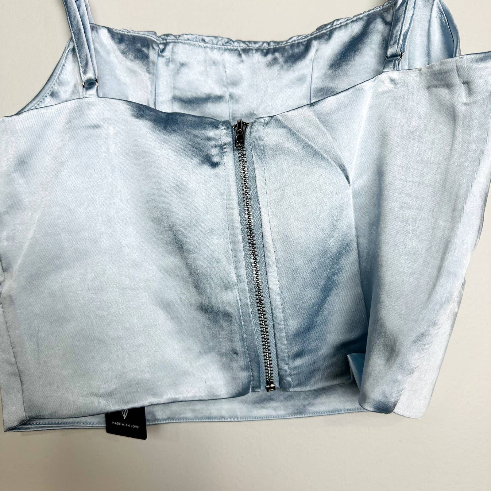 Lulus NWT Luxe'd Out Satin Silk Scoop Neck Cropped Tank Top Light Blue Size XS