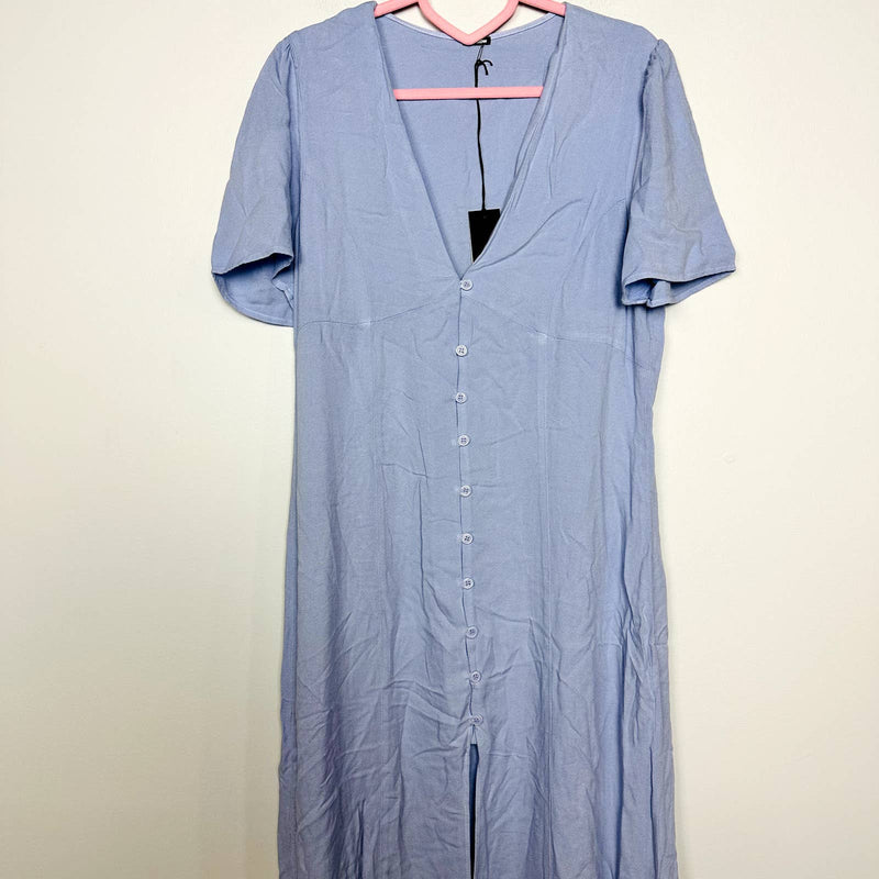 Monrow NWOT Short Sleeve V-Neck Button Front Slit Front Shirt Dress Blue