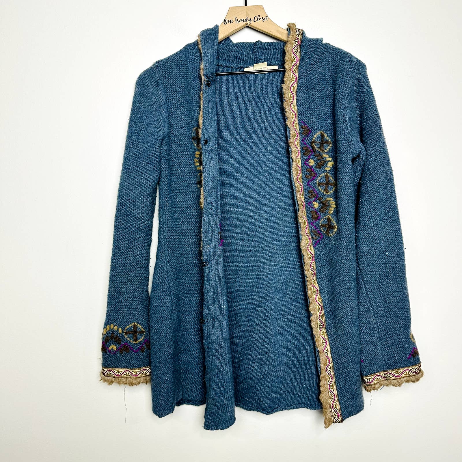 Free People Pre-Owned Wool Blend Knit Embroidered Hoodie Sweater Teal Size Small
