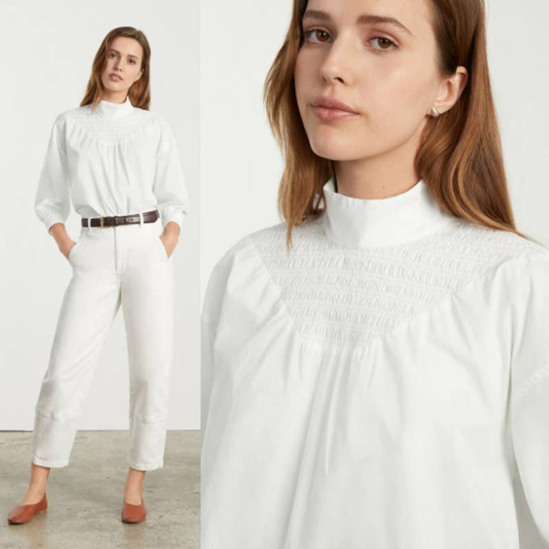 Everlane NWT The Funnel Neck Smock Classic Button Back Top Blouse White Sz Large