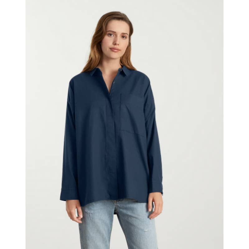 Everlane NWT The Oversized Silky Cotton Button Down Tunic Shirt Navy Size Small