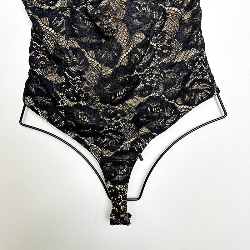 Lulus NWT Flirty Touch Lace-Up Lace  Strappy High Leg Thong Bodysuit Black Sz XL