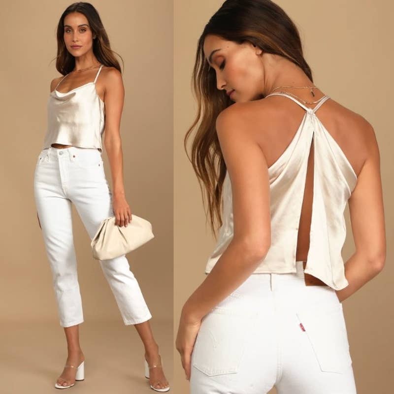 Lulus NWT Hold Onto Love Satin Cowl Neck Cropped Cami Tank Top Beige Size Large