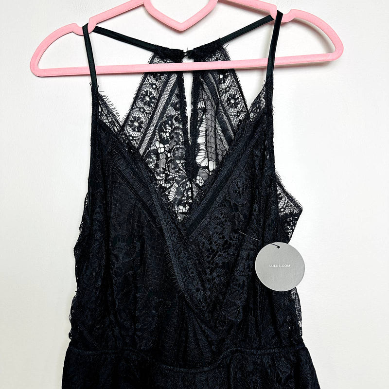 Lulus NWT Promise of Romance Black Satin Lace Sleeveless Lounge Romper Black