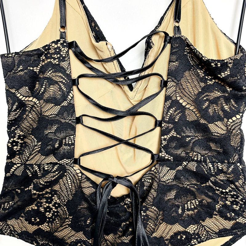 Lulus NWT Flirty Touch Lace-Up Lace  Strappy High Leg Thong Bodysuit Black Sz XL