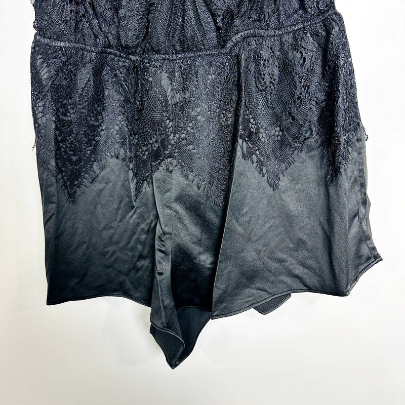 Lulus NWT Promise of Romance Black Satin Lace Sleeveless Lounge Romper Black