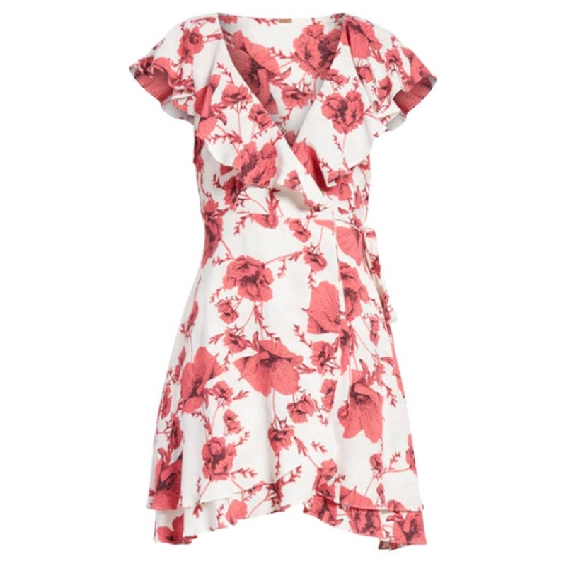 Free People French Quarter Floral Print Tiered Wrap Mini Dress Ivory Sz XS