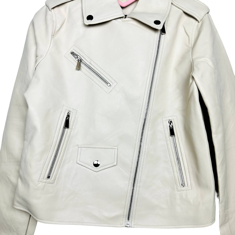 Lulus NWT Out for the Night Vegan Faux Leather Moto Jacket Chambray Beige