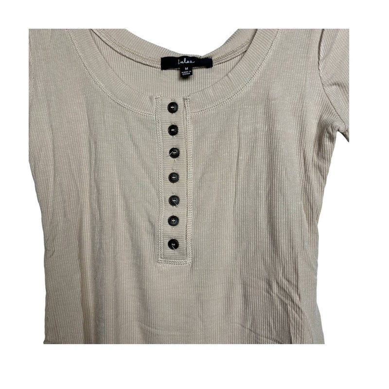 Lulus NWT Ribbed Knit Scoop Neck Short Sleeve Henley Cropped Top Beige Sz Medium