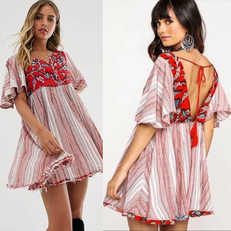 Free People NWT Under The Sun Tunic Dress Peasant Boho Mini Dress Red Rome Small