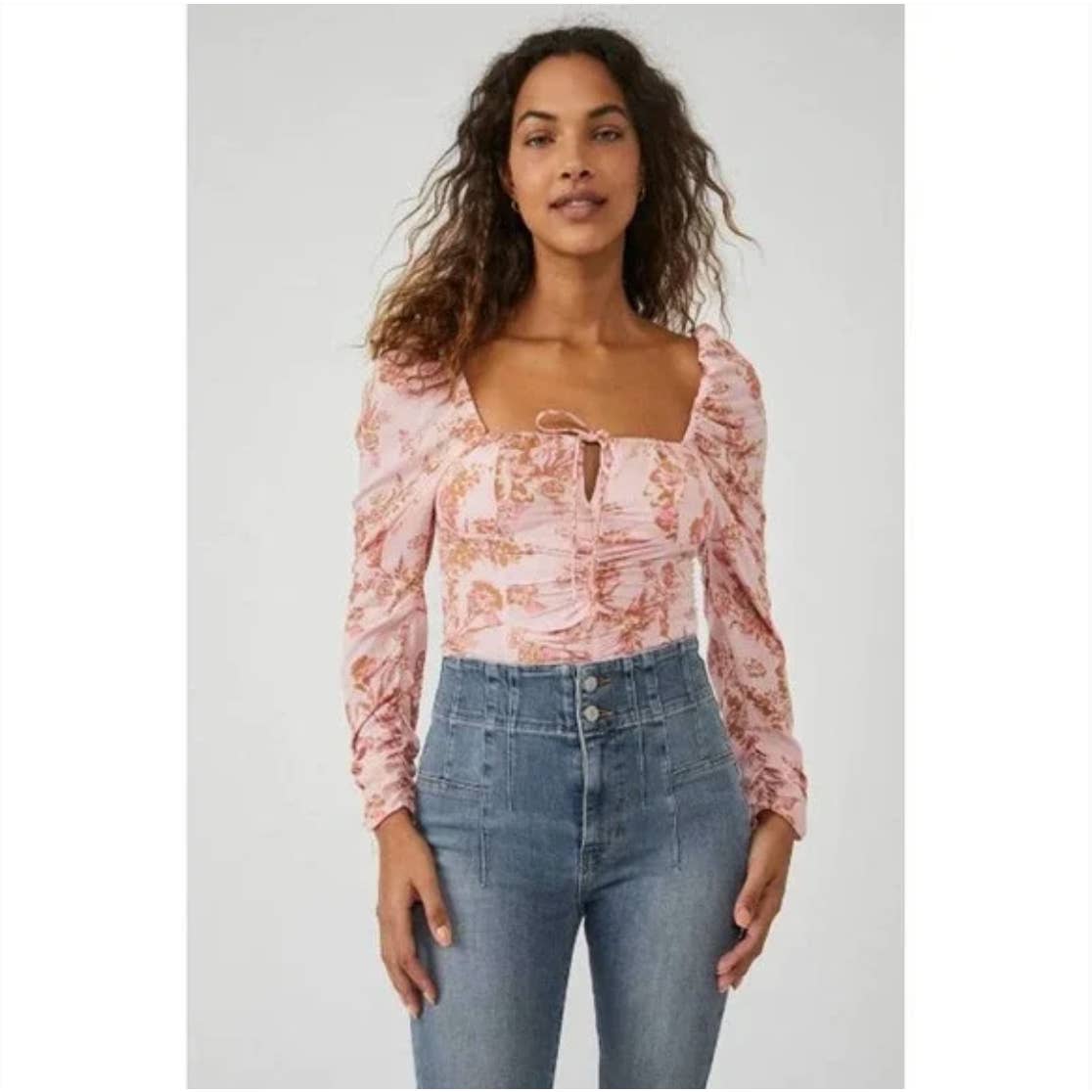 Free People NWT Floral Hilary Puff Sleeve Square Neck Top Pink Small OB1569574