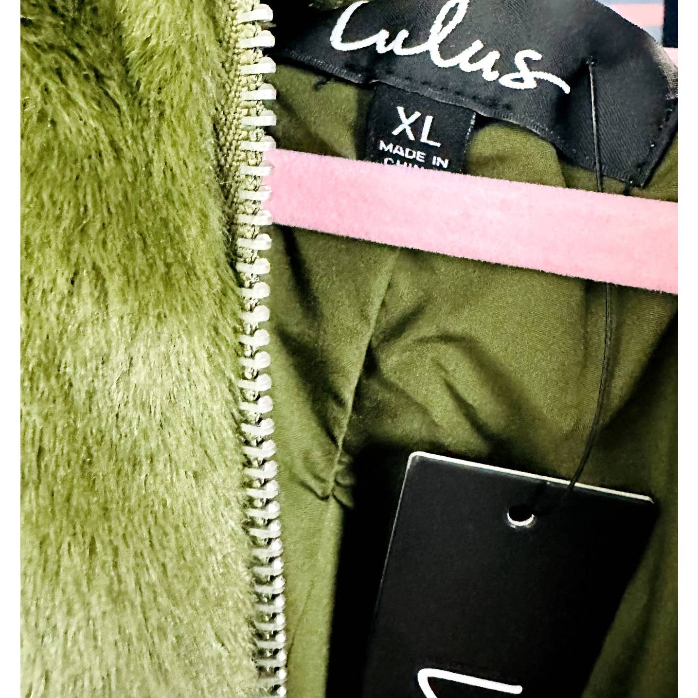 Lulus NWT Deluxe Diva Faux Fur Cozy Oversized Full Zip Hooded Jacket Olive Sz XL