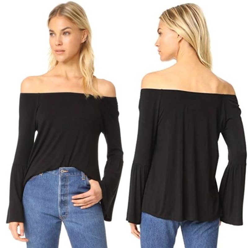 Chaser NWT Flared Sleeve Off Shoulder Boho Peasant Bardot Tee Black Size Medium